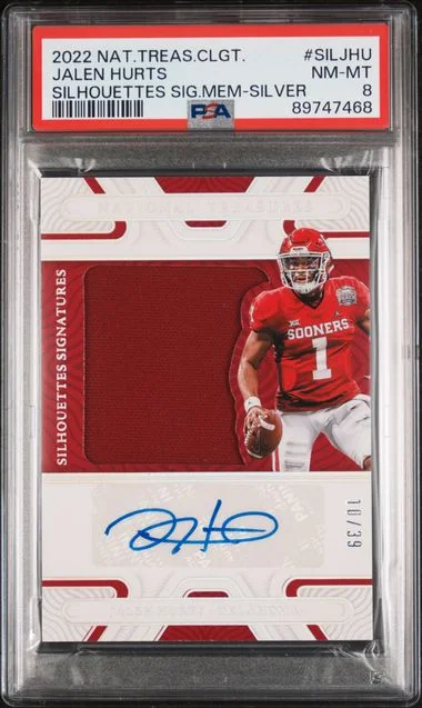 2022 Panini National Treasures Jalen Hurts Collegiate Silhouettes Signatures Memorabilia Silver #SILJHU card image