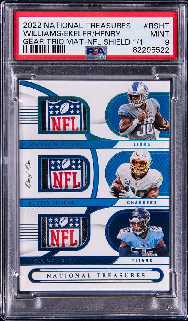 2022 Panini National Treasures Jamaal Williams/Austin Ekeler/Derrick Henry Gear Trio Materials NFL Shield #GTM-RSHT card image