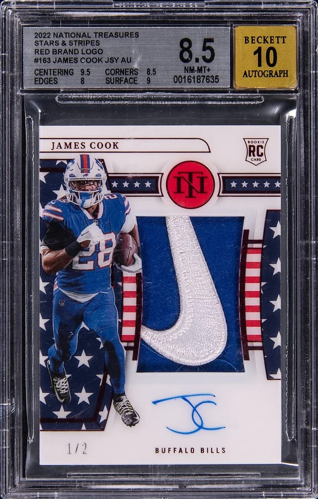 2022 Panini National Treasures James Cook Patch Autograph (RPA) Stars & Stripes Red Brand Logo #163 card image