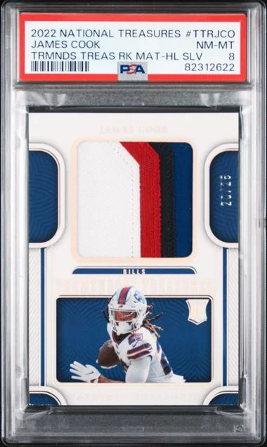 2022 Panini National Treasures James Cook Tremendous Treasures Rookies Material Holo Silver #JCO card image