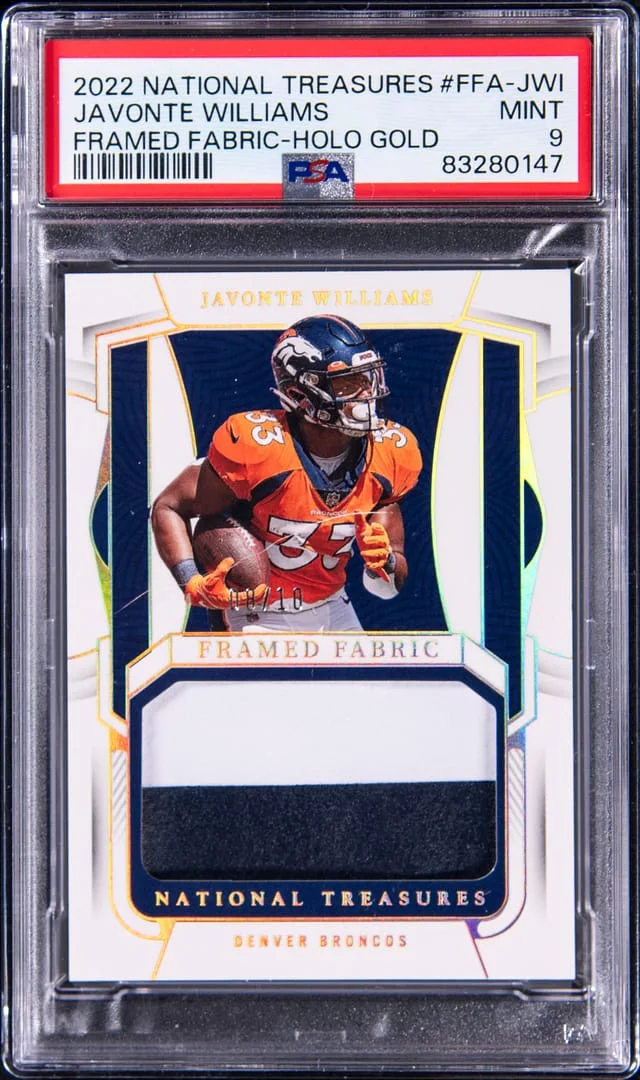 2022 Panini National Treasures Javonte Williams (#45514) Framed Fabric Holo Gold #FFA-JWI card image