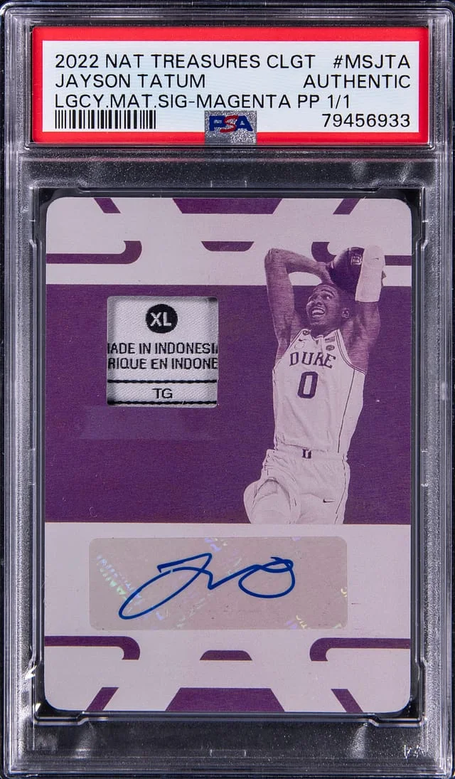 2022 Panini National Treasures Jayson Tatum Collegiate Legacy Materials Signatures Magenta Printing Plate #MS-JTA card image