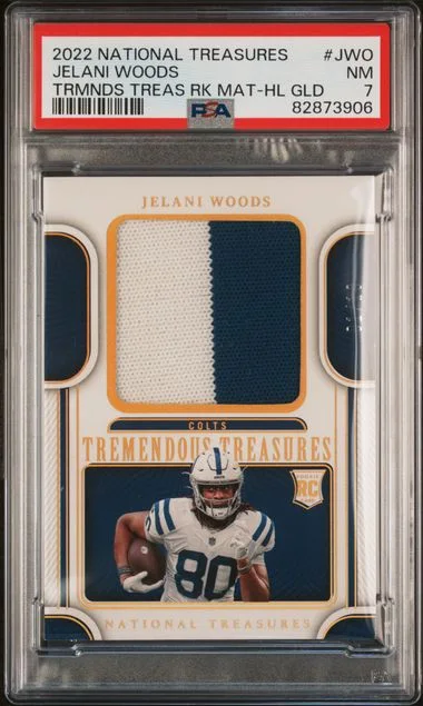 2022 Panini National Treasures Jelani Woods Tremendous Treasures Rookies Material Holo Gold #JWO card image