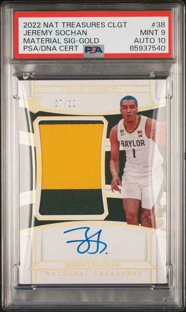 2022 Panini National Treasures Jeremy Sochan Collegiate Material Signature-Gold #38 card image