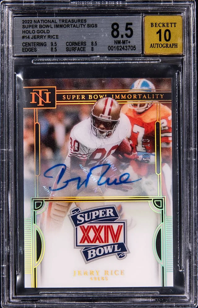 2022 Panini National Treasures Jerry Rice Super Bowl Immortality Signatures Holo God #SB-JRI card image