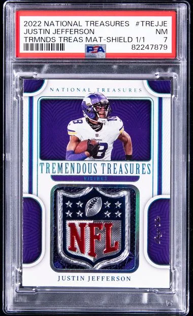 2022 Panini National Treasures Jje Justin Jefferson Tremendous Treasures Material NFL Shield #1/1 card image