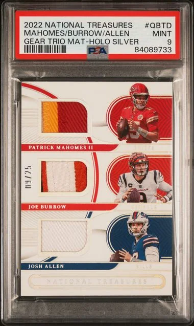 2022 Panini National Treasures Joe Burrow/Josh Allen/Patrick Mahomes II NFL Gear Trio Materials Holo Silver #QBTD card image