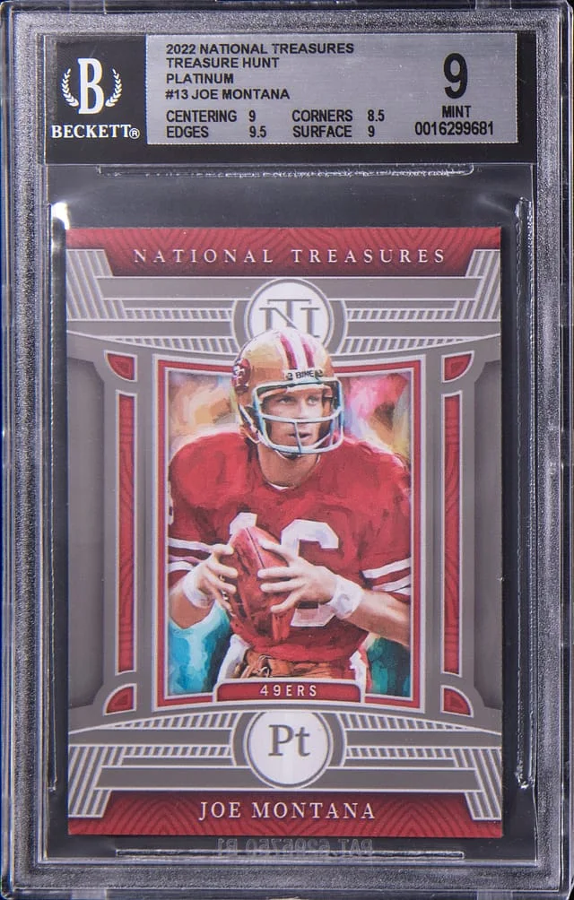 2022 Panini National Treasures Joe Montana Treasure Hunt Platinum #13 card image