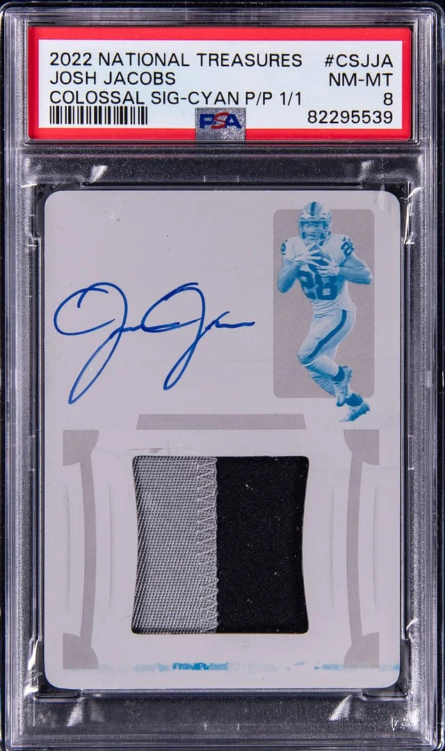 2022 Panini National Treasures Josh Jacobs Colossal Signatures Cyan Printing Plate #CS-JJA card image