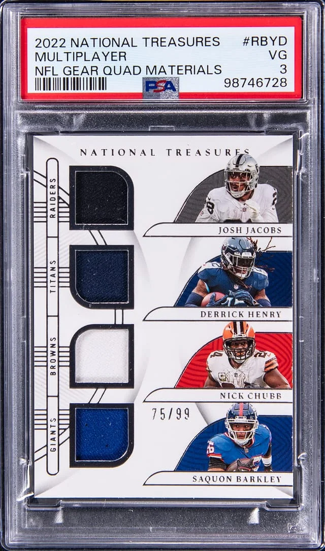 2022 Panini National Treasures Josh Jacobs/Derrick Henry/Nick Chubb/Saquon Barkley NFL Gear Quad Materials #GQM-RBYD card image