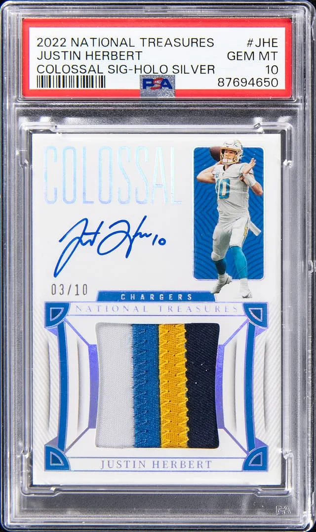 2022 Panini National Treasures Justin Herbert Colossal Signature Holo Silver #CS-JHE card image