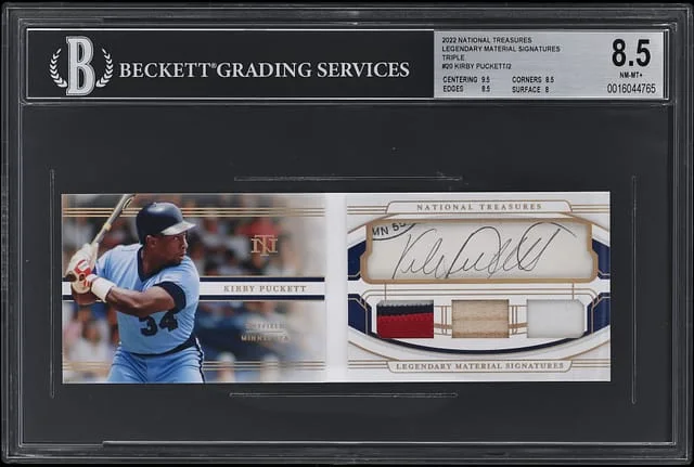 2022 Panini National Treasures Kirby Puckett Legendary Material Signatures Triple #LMSB-KP card image