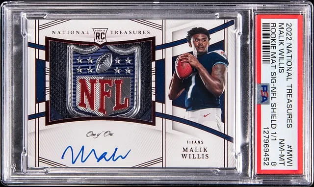 2022 Panini National Treasures Malik Willis Material Signatures NFL Shield #RMS-MWI card image
