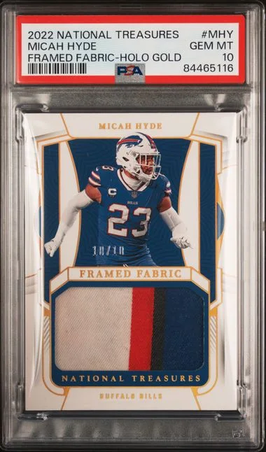 2022 Panini National Treasures Micah Hyde Framed Fabric Holo Gold #MHY card image