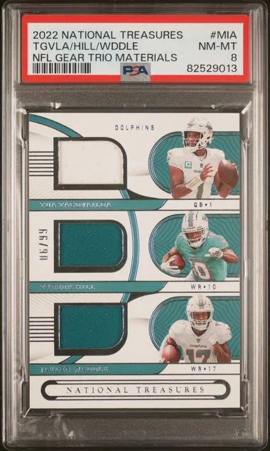 2022 Panini National Treasures NFL Gear Trio Materials Mia Jaylen Waddle/Tua Tagovailoa/Tyreek Hill #no-number card image