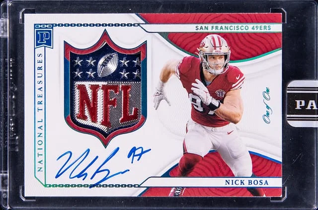 2022 Panini National Treasures Nick Bosa Blockchain NFL Shield Signatures Platinum #NFLS-NB card image