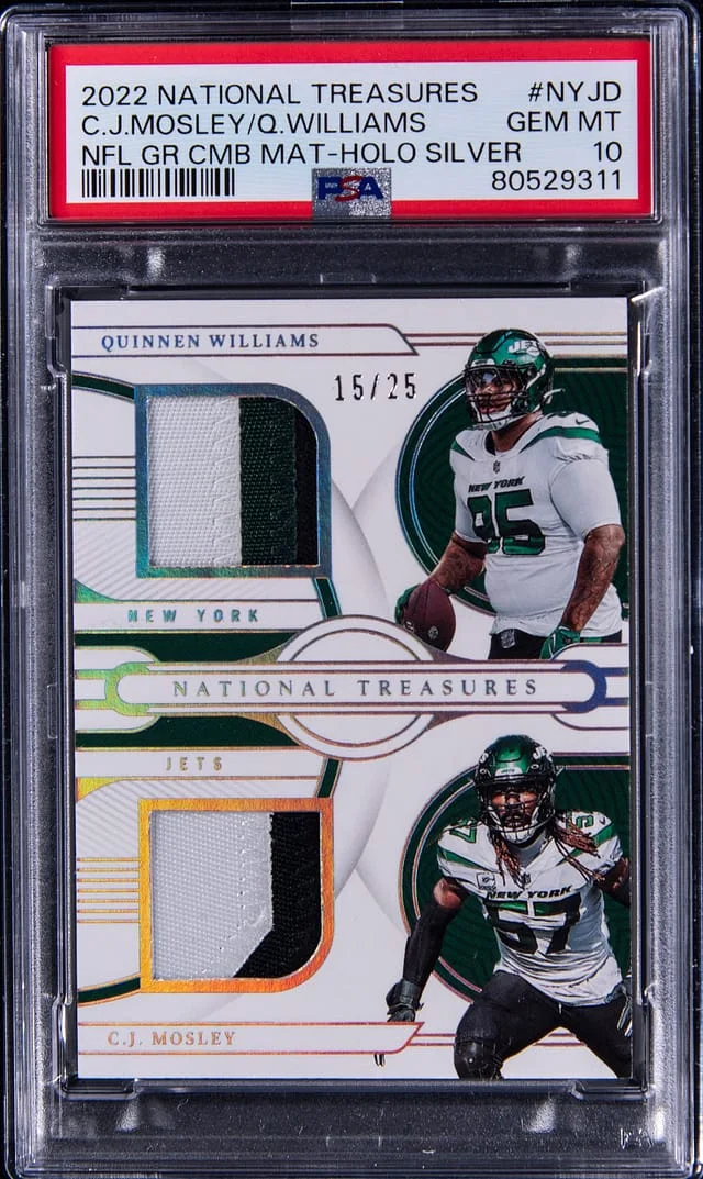 2022 Panini National Treasures Quinnen Williams/C.J. Mosley NFL Gear Combo Materials Holo Silver #NYJD card image