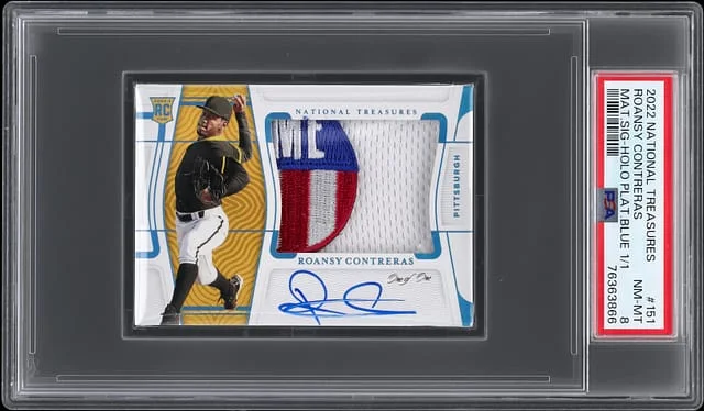 2022 Panini National Treasures Roansy Contreras Material Signature Holo Platinum Blue #151 card image