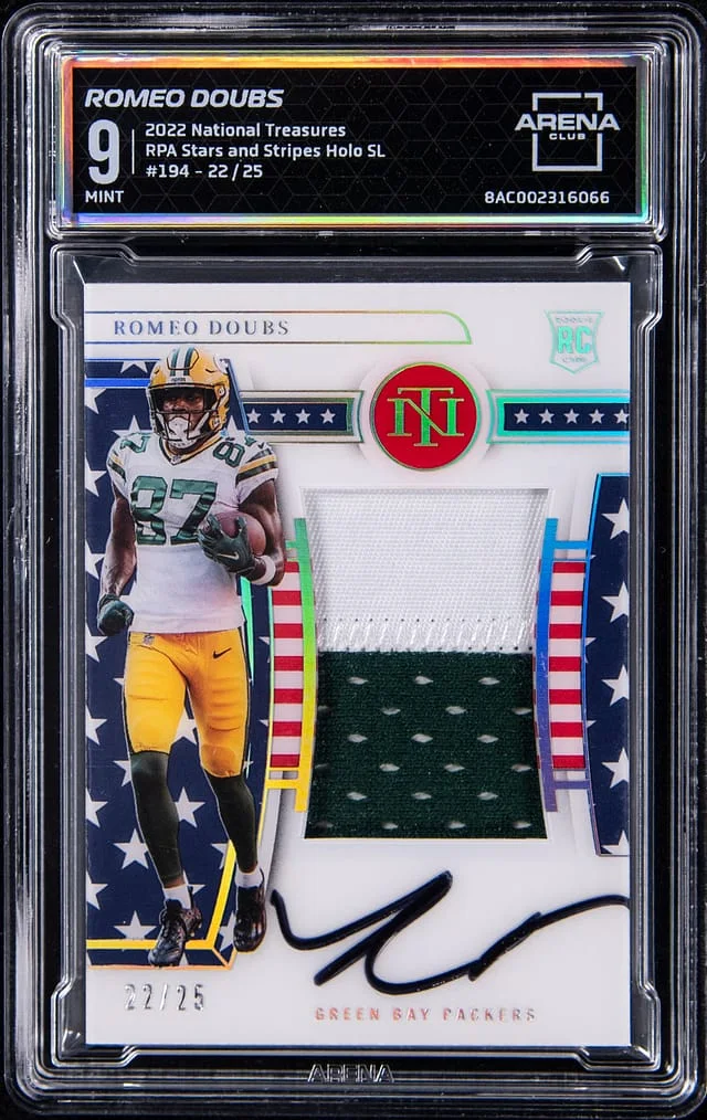 2022 Panini National Treasures Romeo Doubs Stars and Stripes Holo Patch Autograph (RPA) #194 card image