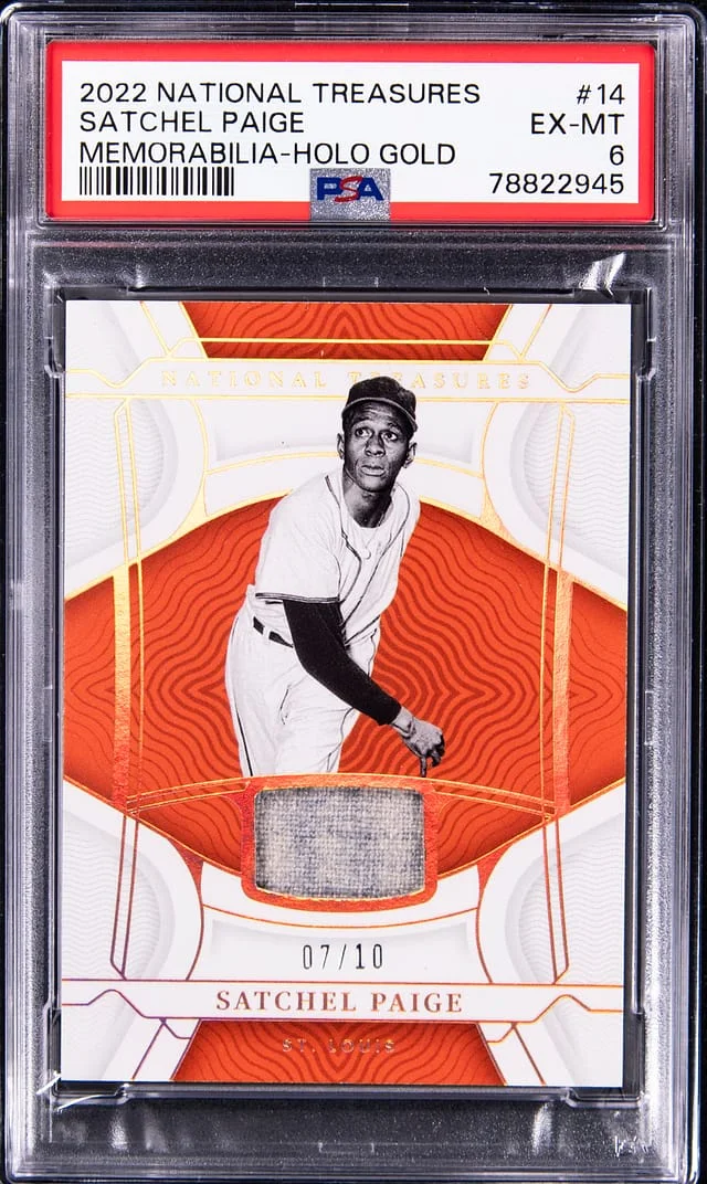 2022 Panini National Treasures Satchel Paige Memorabilia Holo Gold #14 card image