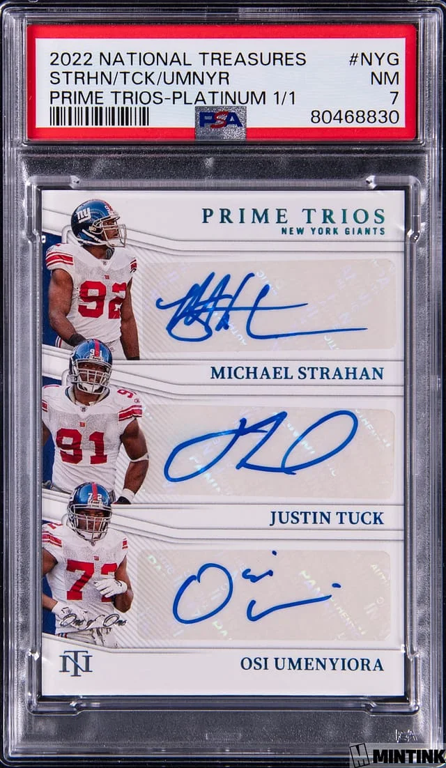 2022 Panini National Treasures Strahan/Tuck/Umenyiora Multi-Signed Prime Trios Platinum #PTR-NYG card image