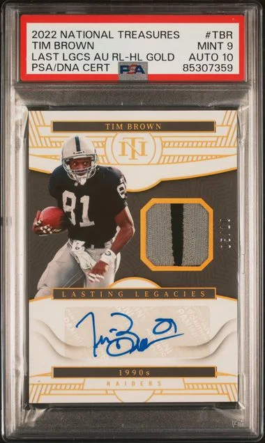 2022 Panini National Treasures Tim Brown Lasting Legacies Autograph Relic Holo Gold #TBR card image