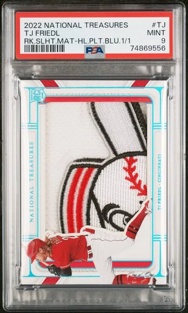 2022 Panini National Treasures TJ Friedl Silhouettes Materials Holo Platinum Blue #RS-TJ card image