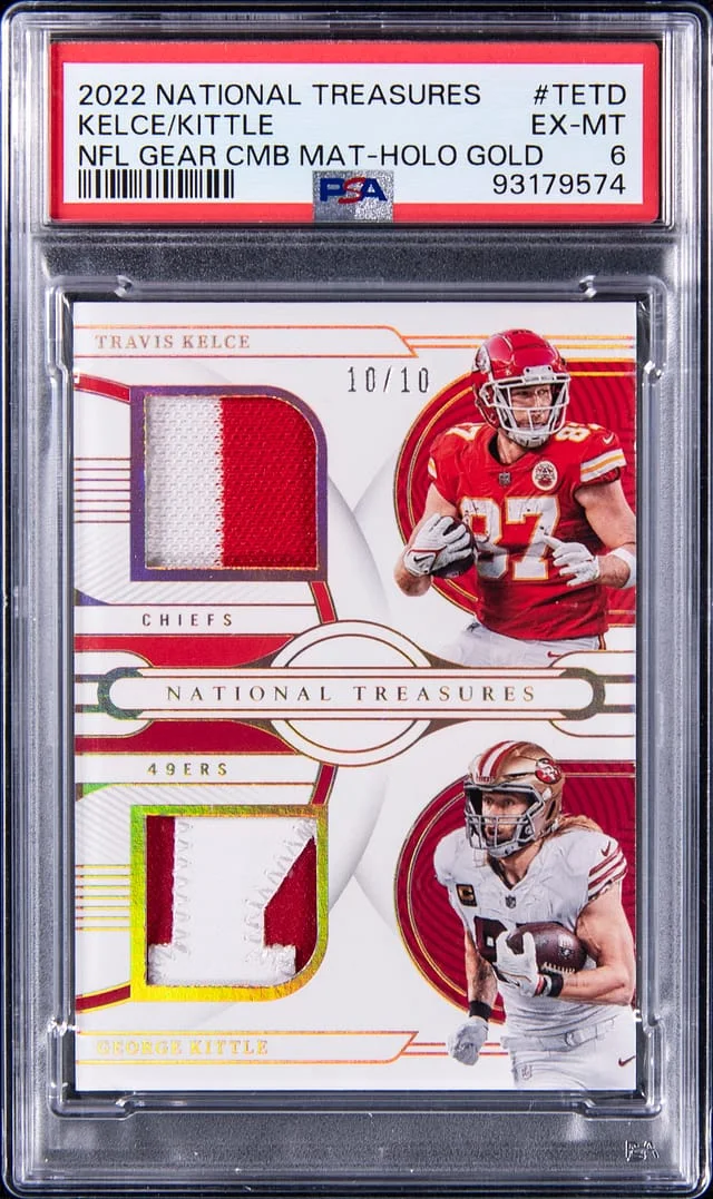 2022 Panini National Treasures Travis Kelce/George Kittle NFL Gear Combo Materials Holo Gold #GCM-TETD card image