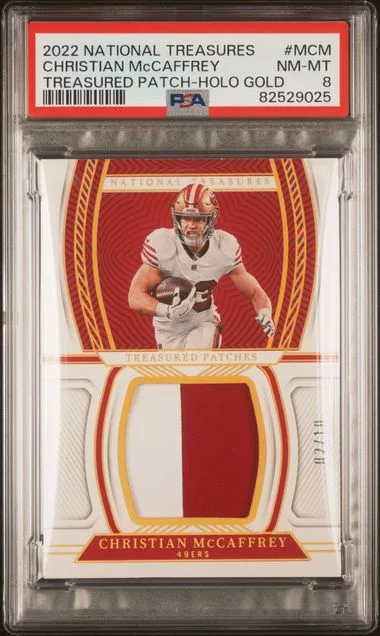 2022 Panini National Treasures Treasured Patch Holo Gold Mcm Christian Mccaffrey #no-number card image