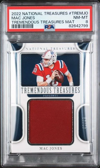 2022 Panini National Treasures Tremendous Treasures Material Mjo Mac Jones #no-number card image