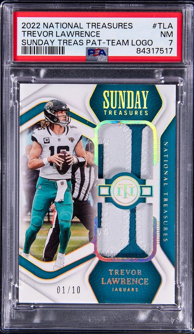 2022 Panini National Treasures Trevor Lawrence Sunday Treasures Team Logo Patch #STR-TLA card image