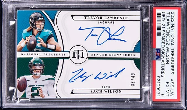 2022 Panini National Treasures Trevor Lawrence/Zach Wilson Update 2021 Synced Signatures #SS-LW card image