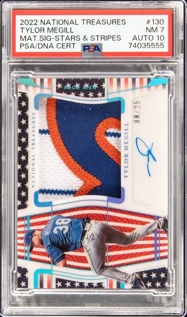 2022 Panini National Treasures Tylor Megill Material Signature-Stars & Stripes #130 card image