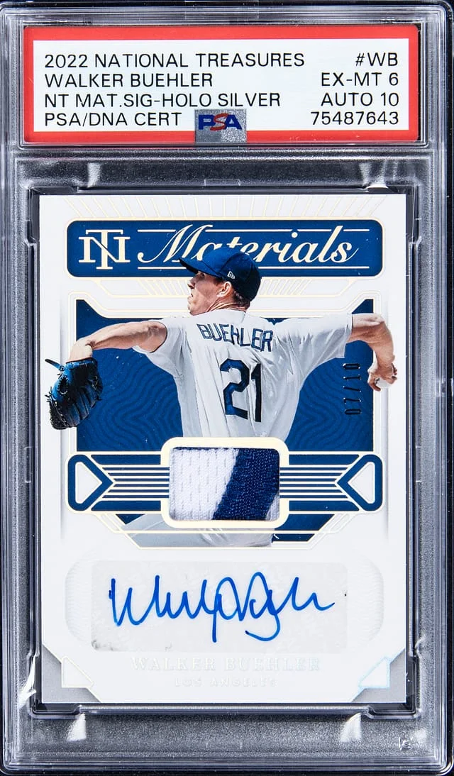 2022 Panini National Treasures Walker Buehler NT Materials Signature Holo Silver #NMS-WB card image