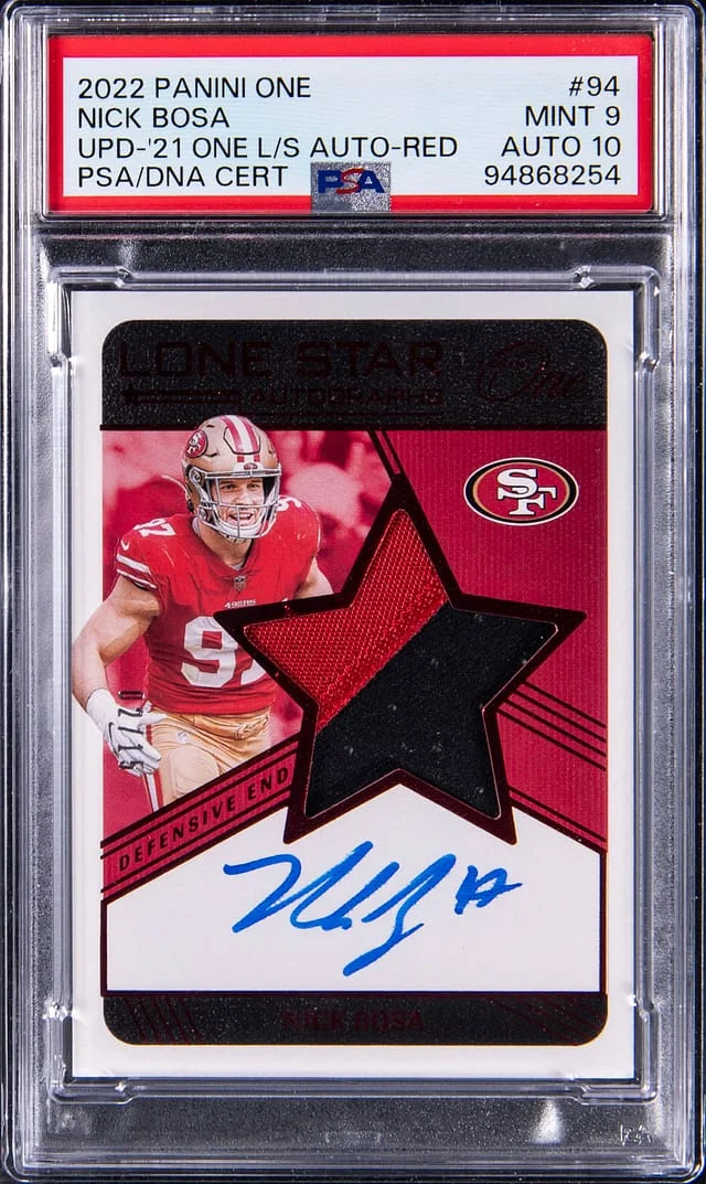 2022 Panini Nick Bosa One Update 21 Lone Star Autograph Red #94 card image