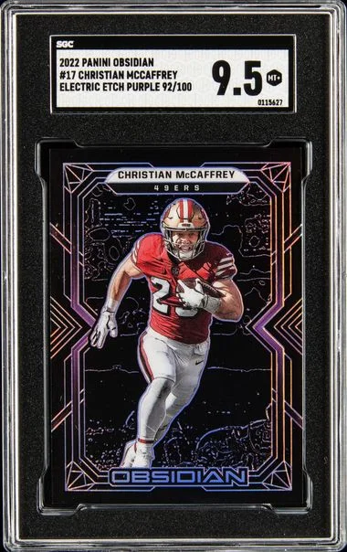 2022 Panini Obsidian 17 Christian Mccaffrey Electric Etch Purple #92/100 card image