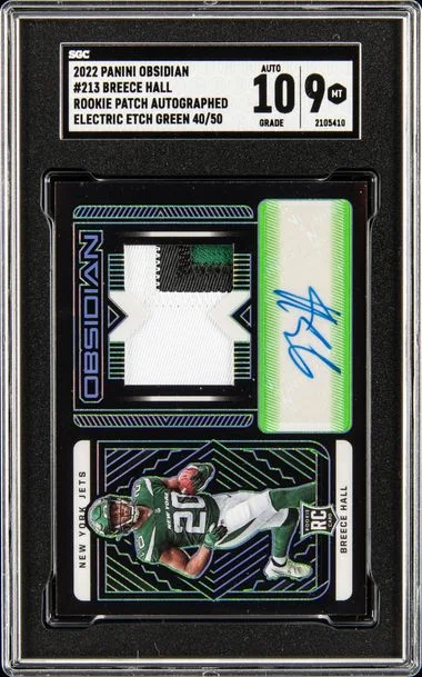 2022 Panini Obsidian 213 Breece Hall Patch Autographed-Electric Etch Green #40/50 card image