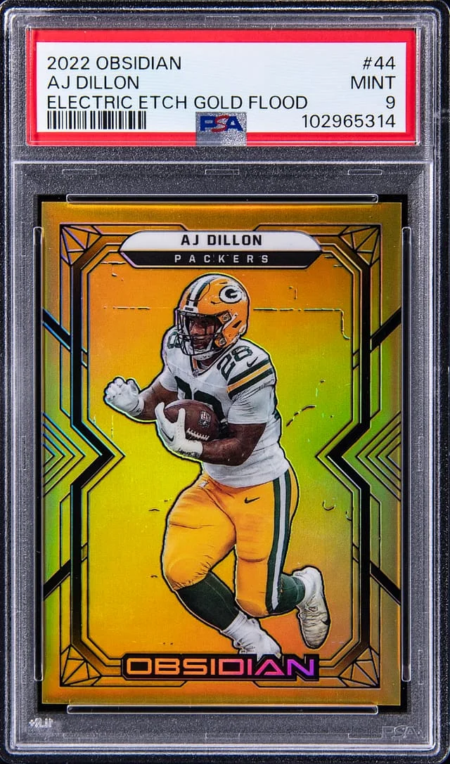 2022 Panini Obsidian AJ Dillon Electric Etch Gold Flood #44 card image