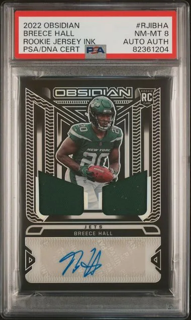 2022 Panini Obsidian Breece Hall Jersey Ink #RJI-BHA card image
