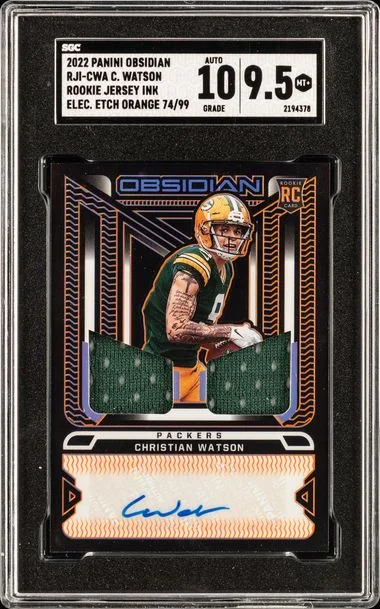 2022 Panini Obsidian Christian Watson Jersey Ink Electric Etch Orange #RJI-CWA card image