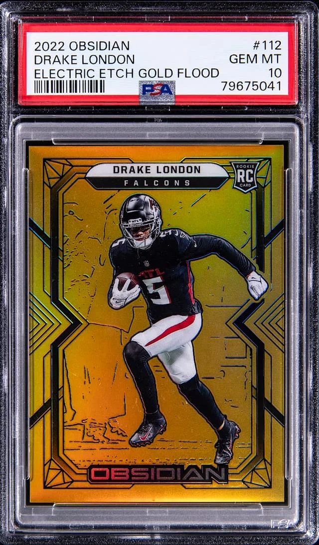 2022 Panini Obsidian Drake London Electric Etch Gold Flood #112 card image