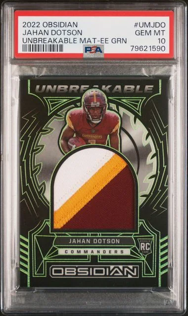 2022 Panini Obsidian Jahan Dotson Unbreakable Material Electric Etch Green #UM-JDO card image