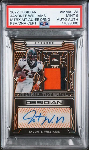 2022 Panini Obsidian Javonte Williams Matrix Material Autographs Electric Etch Orange #MMAJWI card image