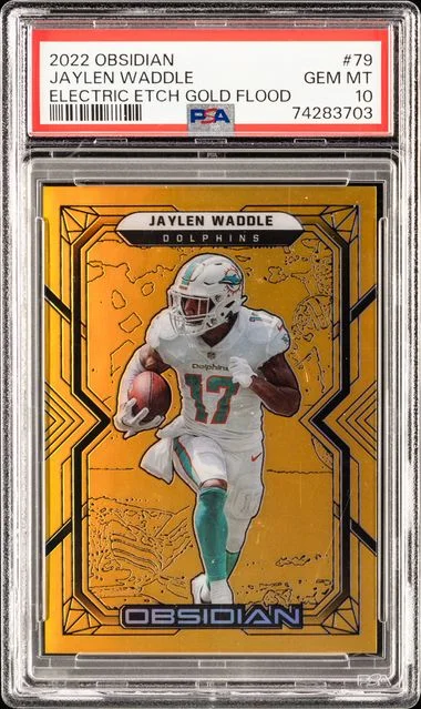 2022 Panini Obsidian Jaylen Waddle Electric Etch Gold Flood #79 card image