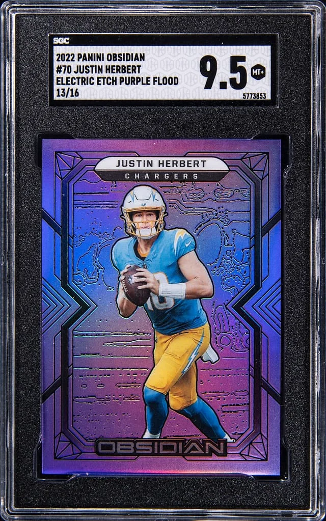 2022 Panini Obsidian Justin Herbert Electric Etch Purple Flood #70 card image