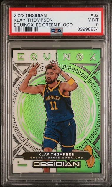2022 Panini Obsidian Klay Thompson Equinox Electric Etch Green Flood #32 card image