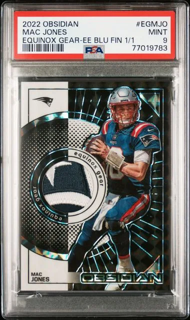 2022 Panini Obsidian Mac Jones Equinox Gear Electric Etch Blue Finite #EG-MJO card image