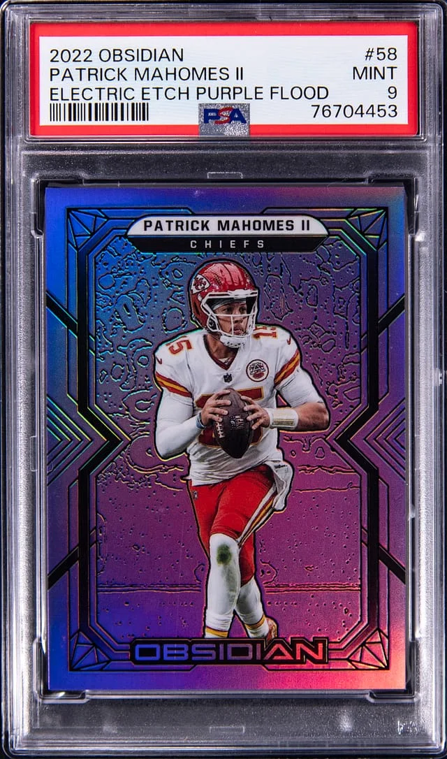 2022 Panini Obsidian Patrick Mahomes II Electric Etch Purple Flood #58 card image