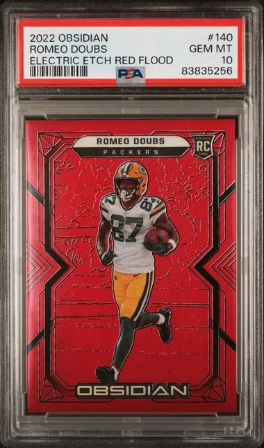 2022 Panini Obsidian Romeo Doubs Electric Etch Red Flood #140 card image