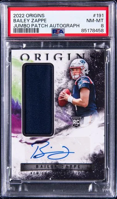 2022 Panini Origins Bailey Zappe Jumbo Patch Autograph #191 card image